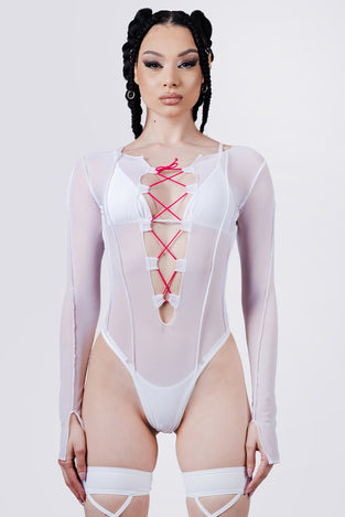 Rave Outfit White Mesh Lace Up Bodysuit Close Front View