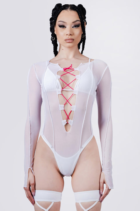 Rave Outfit White Mesh Lace Up Bodysuit Close Front View