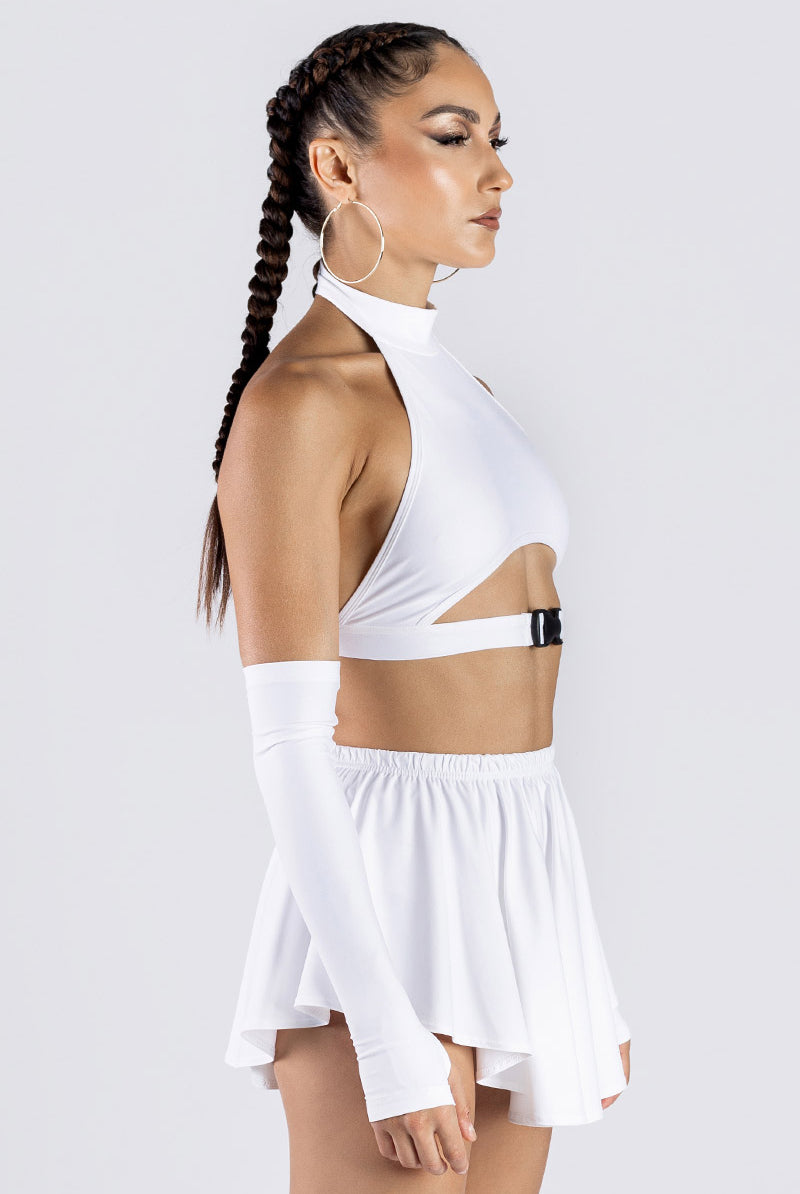 White Pleated Rave Skirt Studio Side View