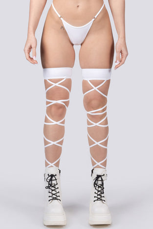 Rave Outfit White Rave Leg Wraps Close Front View