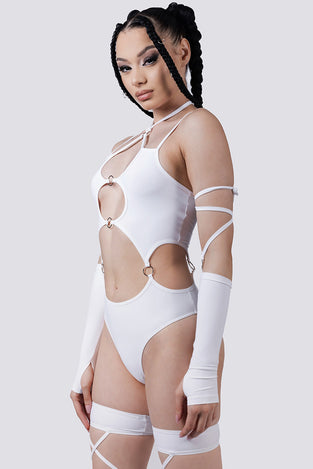 Rave Outfit White Strappy Cut Out Bodysuit Side View
