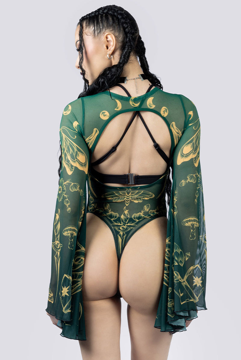 Wicked Witch Sheer Bell Sleeve Bodysuit Back Goth Fashion