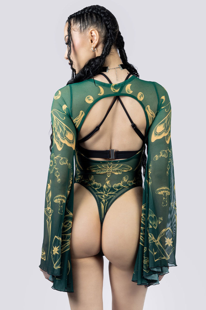 Wicked Witch Sheer Bell Sleeve Bodysuit Back Goth Fashion