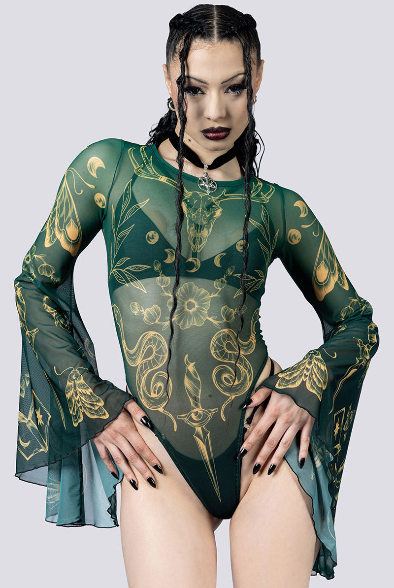 Wicked Witch Sheer Bell Sleeve Bodysuit Close Up Goth Clothing