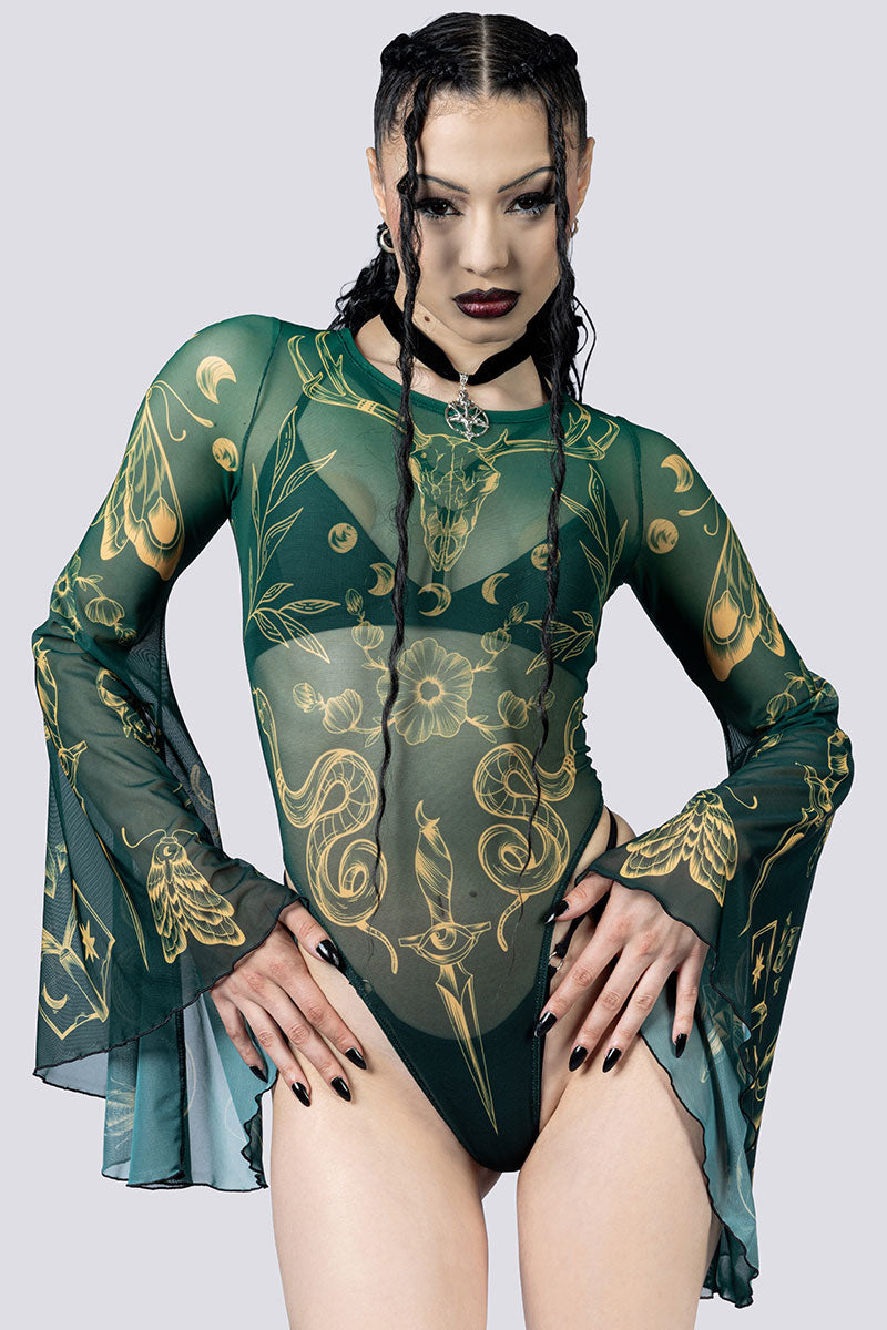 Wicked Witch Sheer Bell Sleeve Bodysuit Close Up Goth Clothing