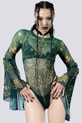 Wicked Witch Sheer Bell Sleeve Bodysuit Close Up Goth Clothing