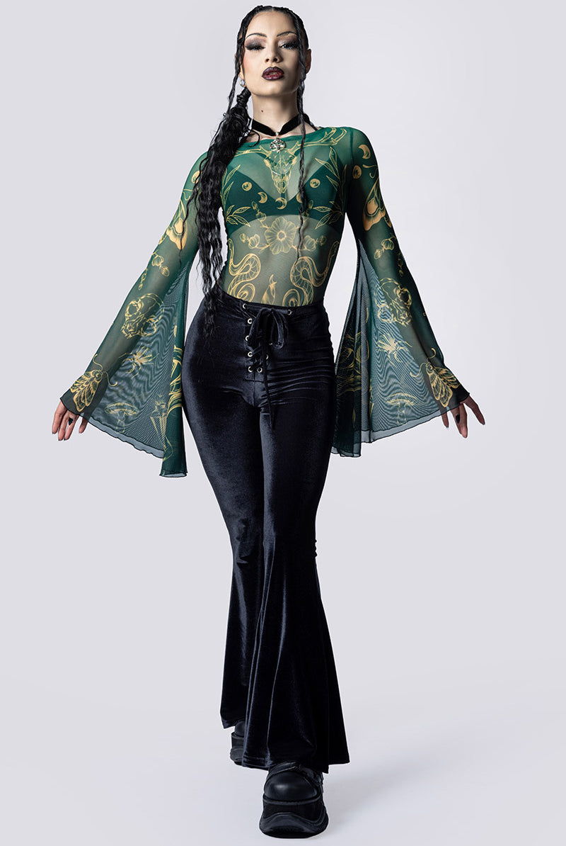 Wicked Witch Sheer Bell Sleeve Bodysuit Pants Front Gothic Clothing
