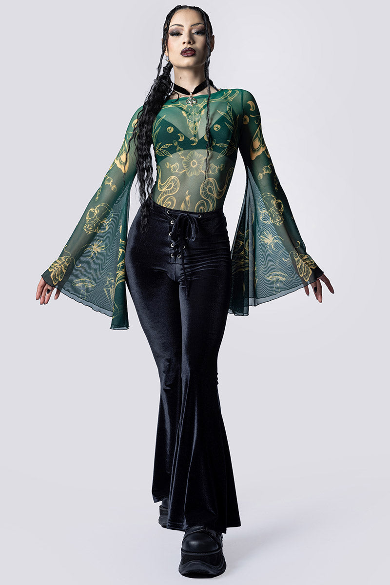 Wicked Witch Sheer Bell Sleeve Bodysuit Pants Front Gothic Clothing