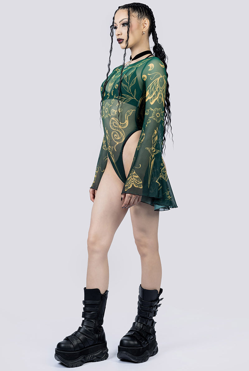 Wicked Witch Sheer Bell Sleeve Bodysuit Side Gothic Outfits