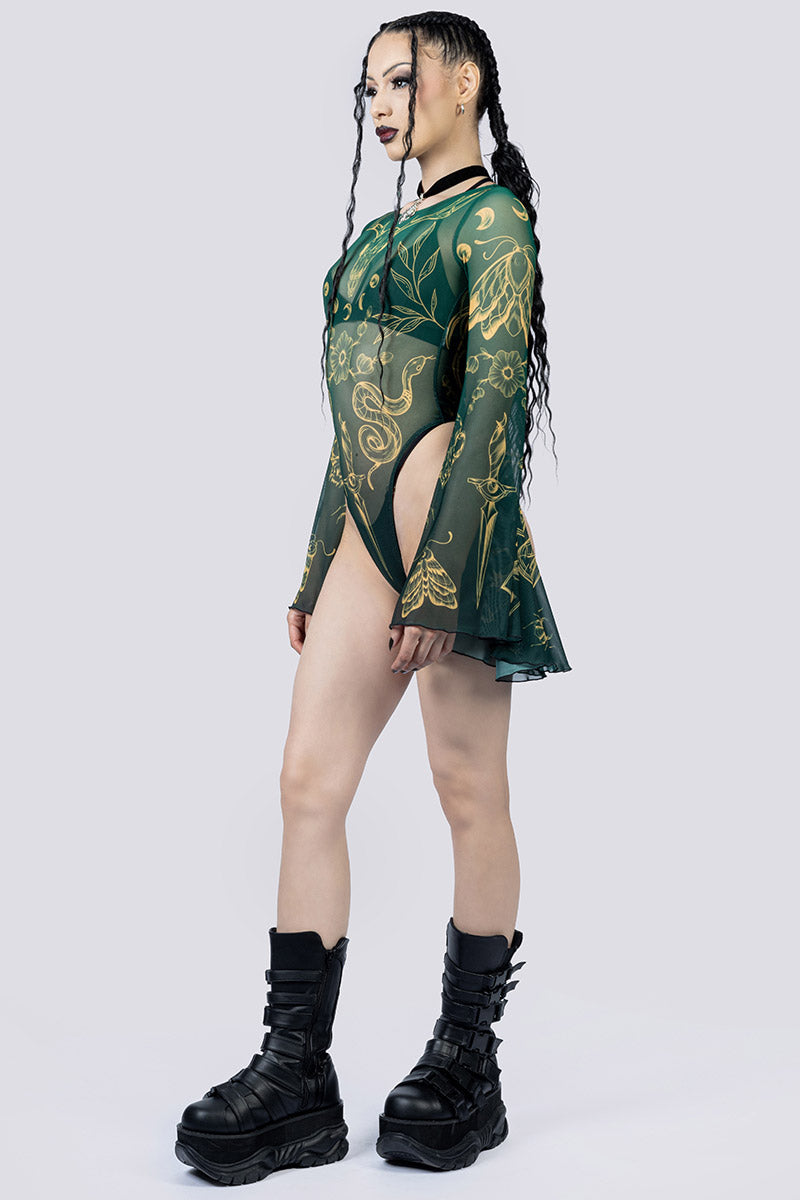 Wicked Witch Sheer Bell Sleeve Bodysuit Side Gothic Outfits