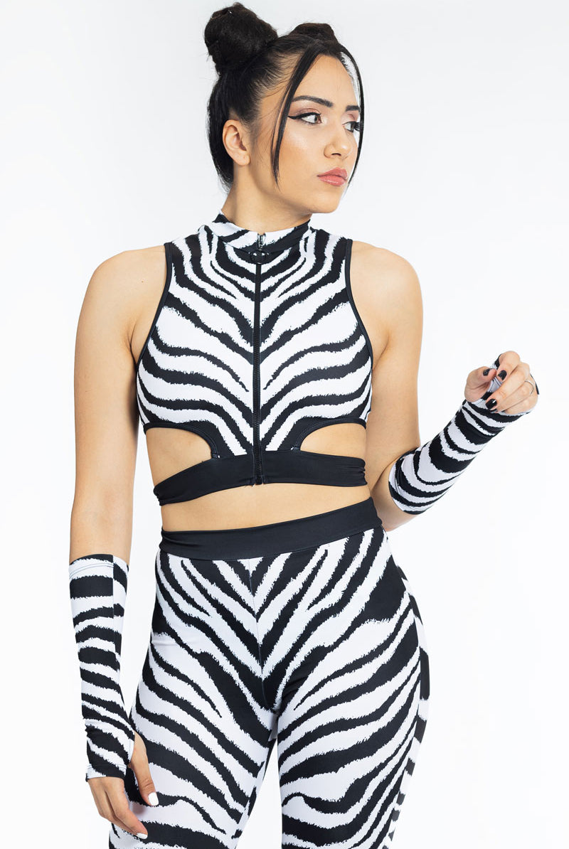 Zebra Cut Out Front Zip Top Front View