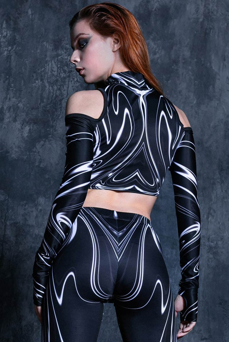 Black Marble Rave Cold Shoulder Crop Top Back View