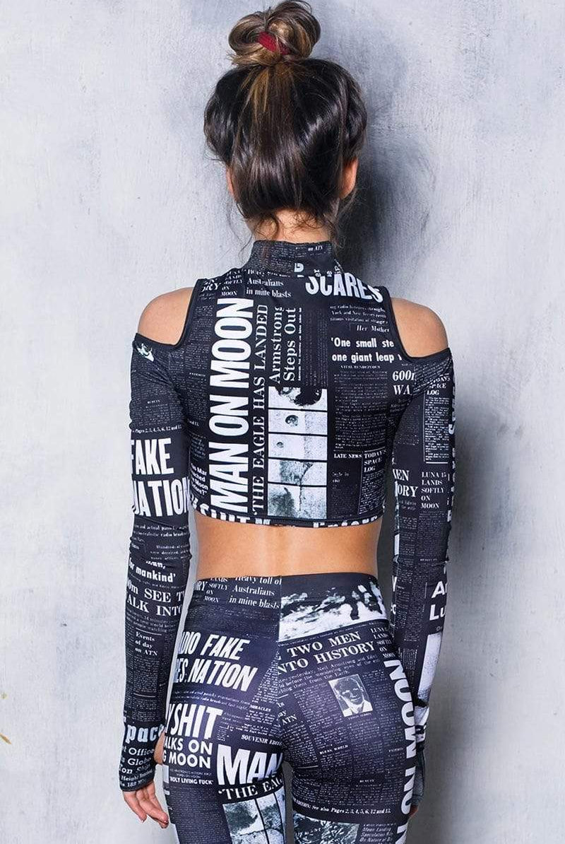 Black Newspaper Cold Shoulder Crop Top Back View