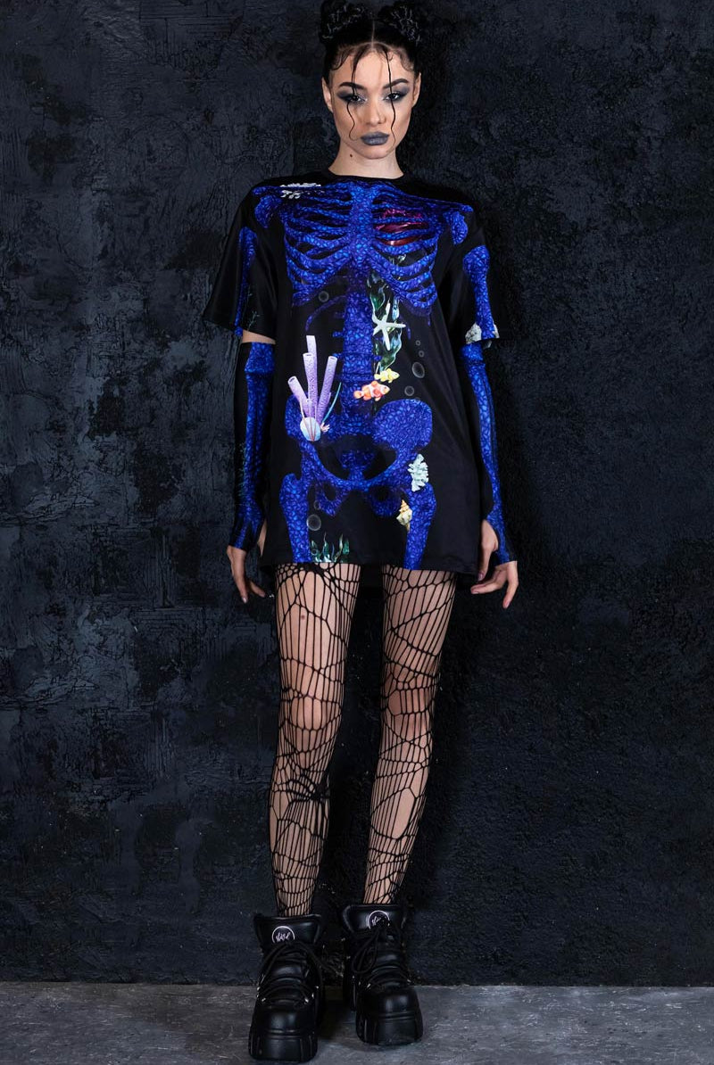 Blue Coral Skeleton Oversized Polyester Tee Dress | Devil Walking Blue Coral Skeleton Oversized Polyester Tee Dress | Devil Walking