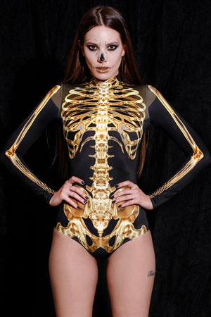 Golden Skeleton Long Sleeve Bodysuit Close View