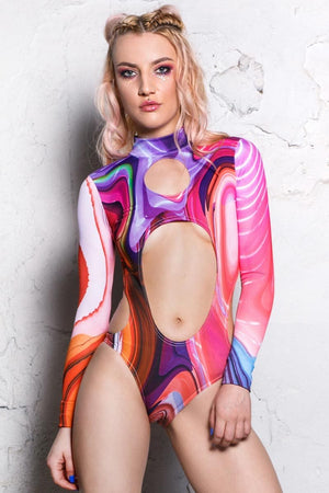 Pink Wave Long Sleeve Bodysuit Front View