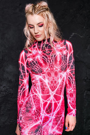 Rave Outfit Pink Neon Catsuit Close View