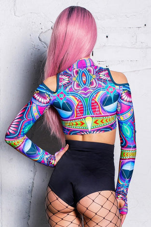 Rave Outfit Psychedelic Cold Shoulder Crop Top Back View