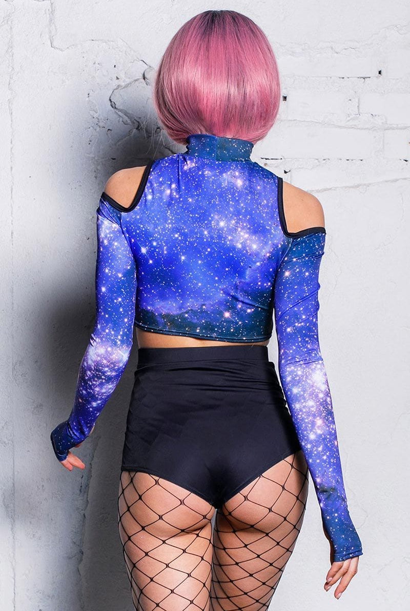 Blue Galaxy Cold Shoulder Crop Top Back View