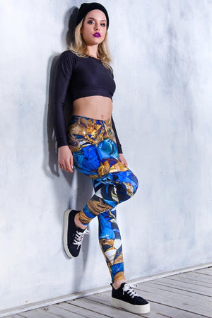 Blue and Gold Foil Leggings Side View