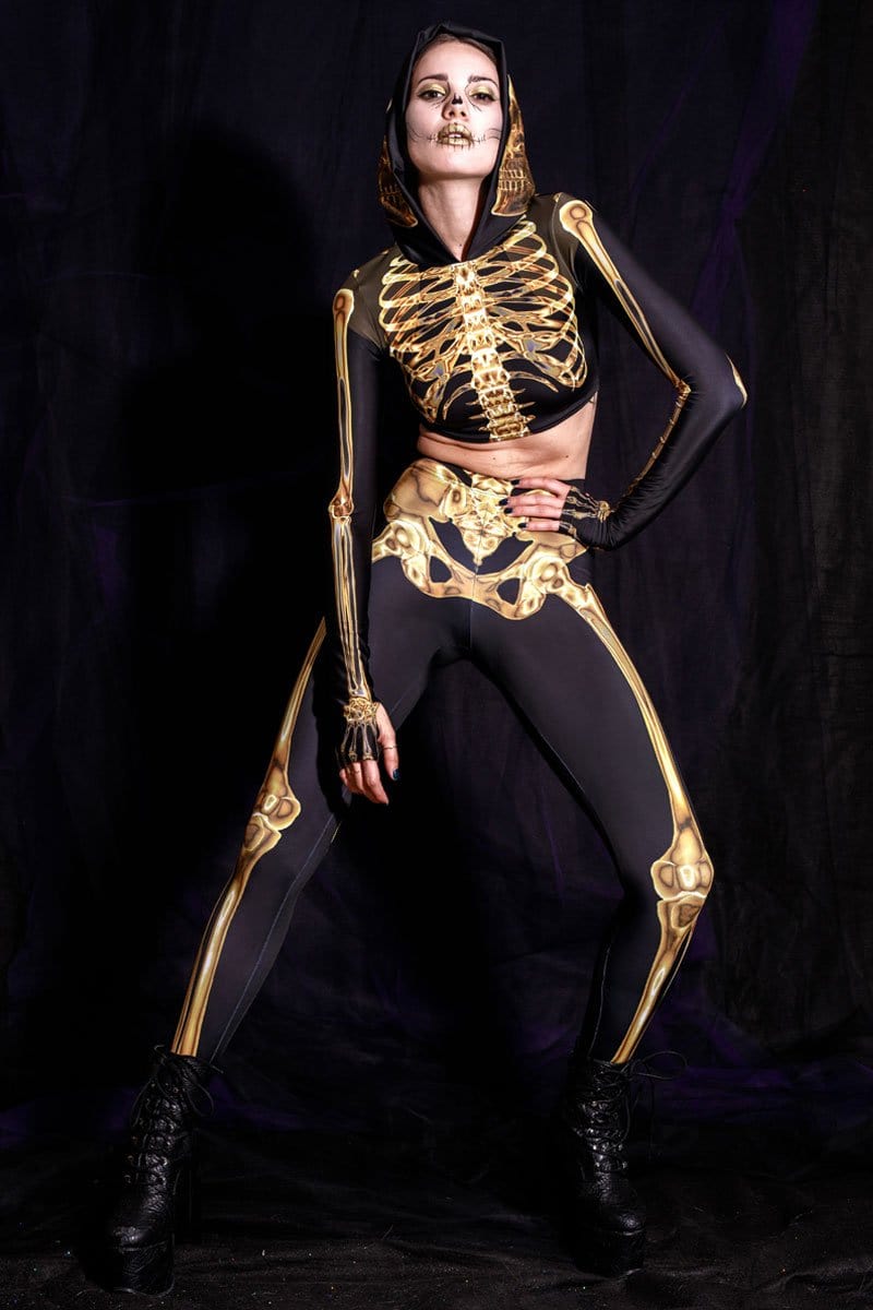 Halloween Skeleton Leggings with Gold Bones