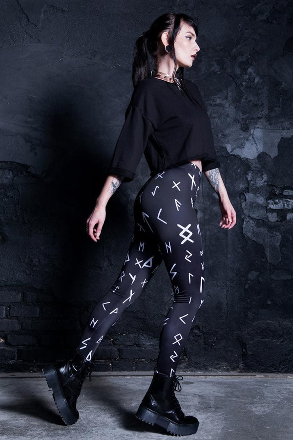 Black Rune Leggings with Gothic Print | Devil Walking