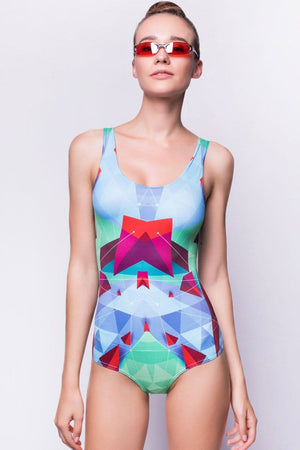 Green Abstract One Piece Swimsuit Front View