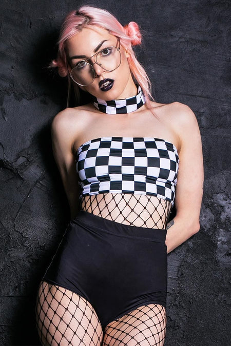Rave Outfit Checkered Choker Boob Tube Close View