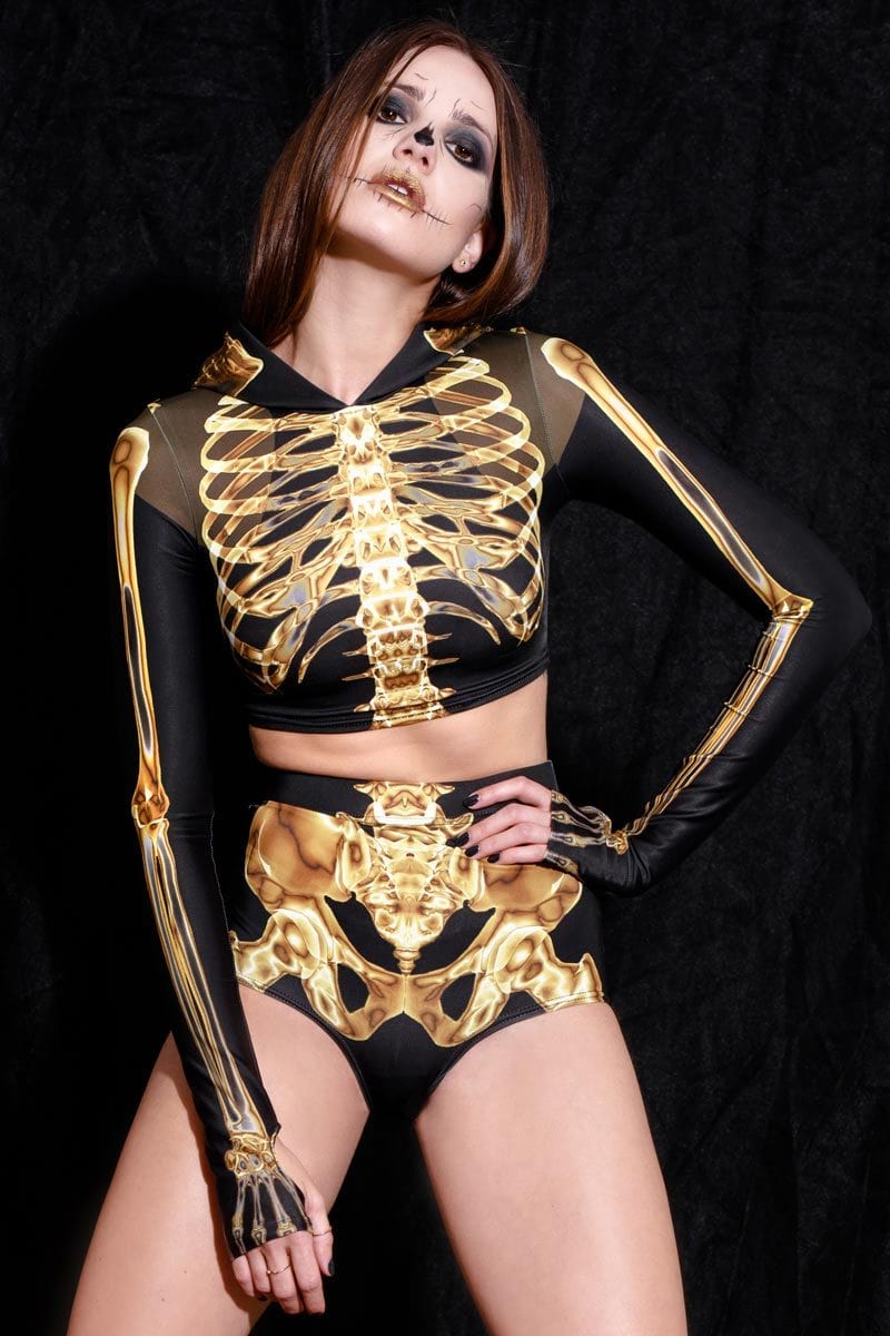Gold Skeleton High Waisted Shorts Front View