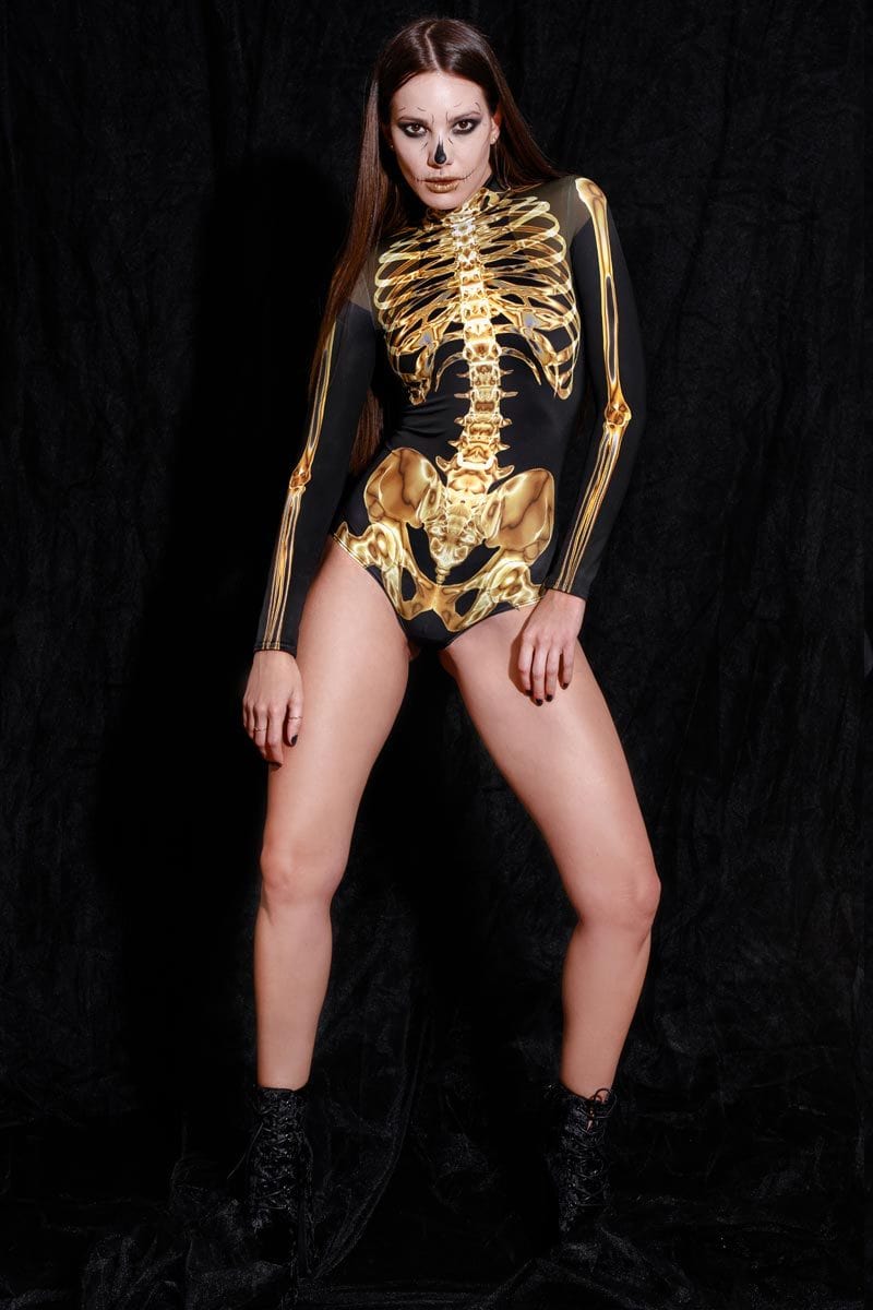 Golden Skeleton Long Sleeve Bodysuit Full View