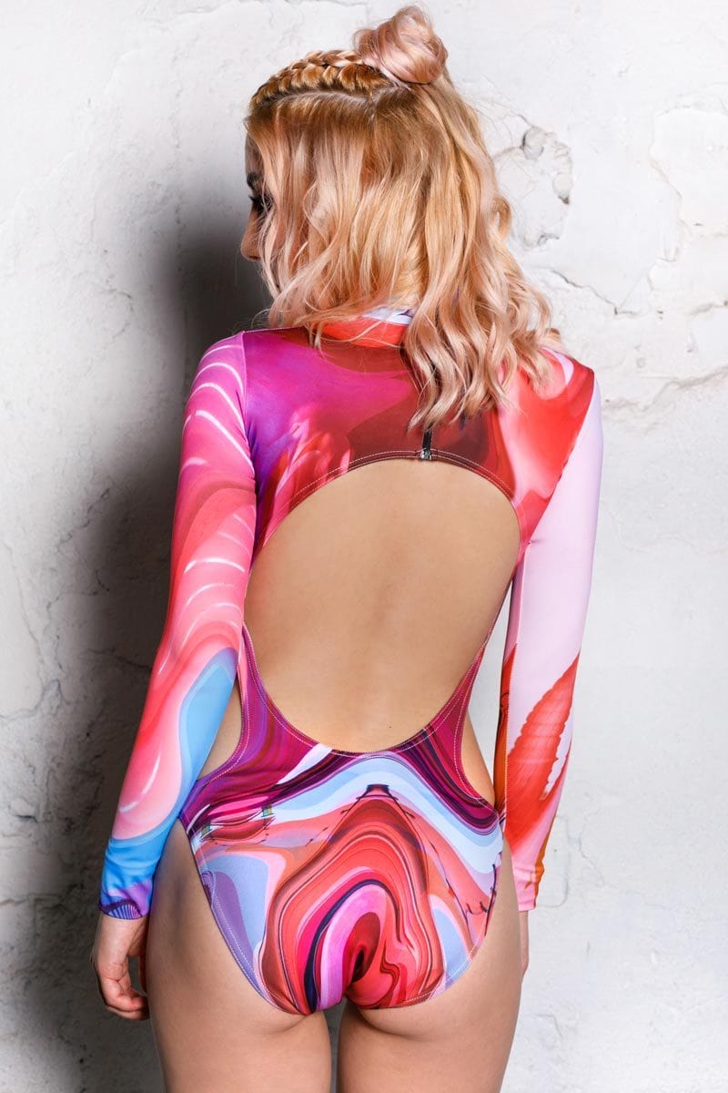 Pink Wave Long Sleeve Bodysuit Close View