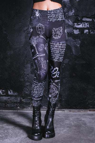 Black Gothic Leggings with Spider Web Print, Devil Walking