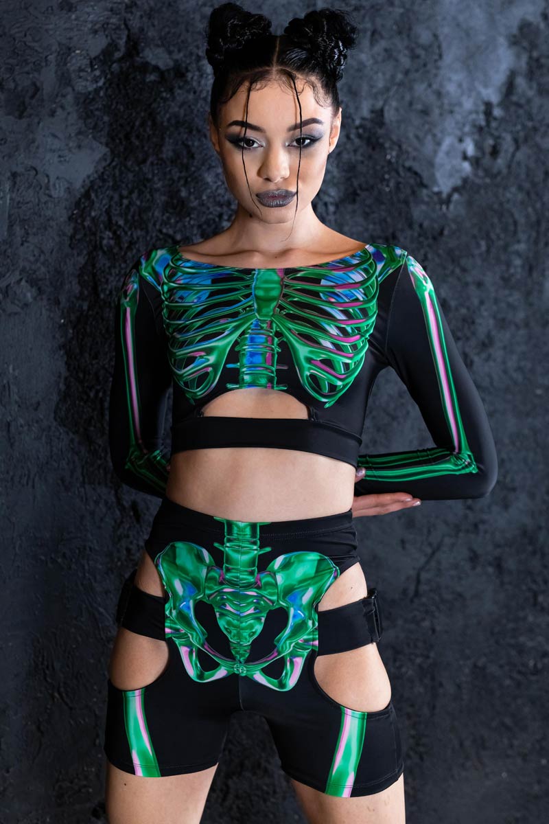 Emerald Skeleton Biker Shorts Set Side View