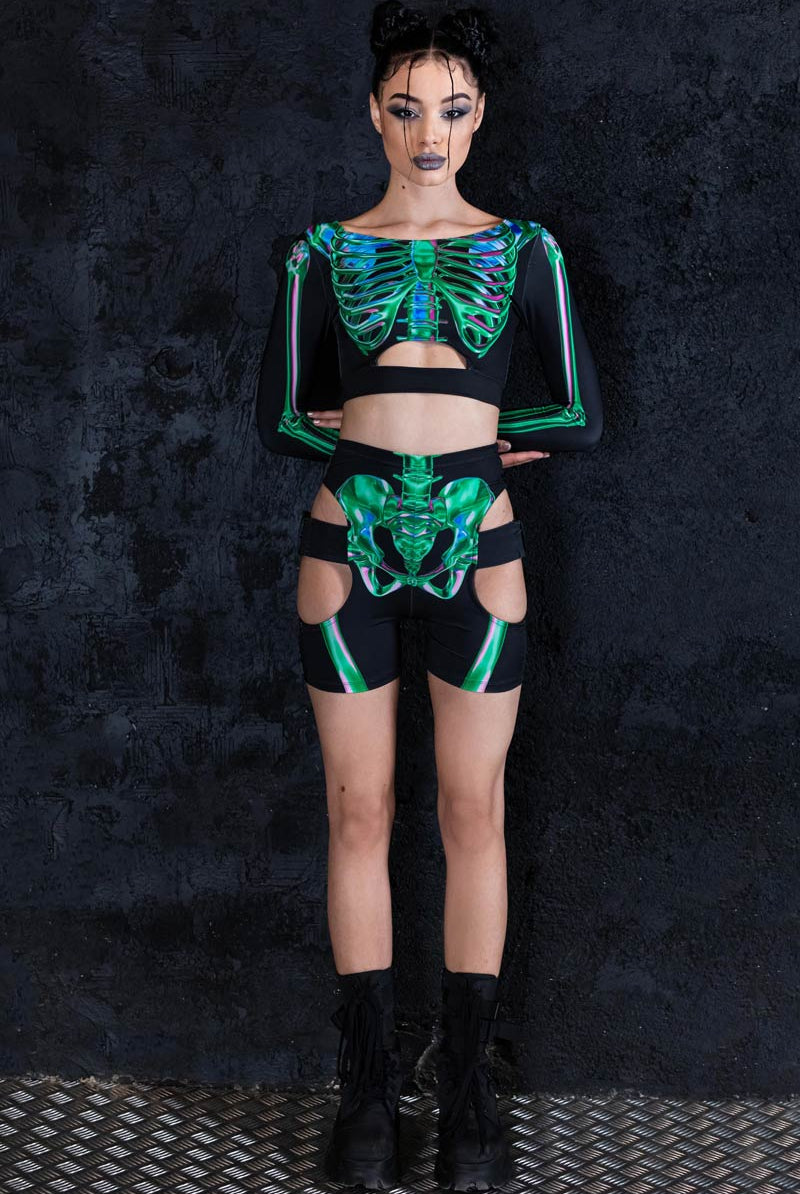 Emerald Skeleton Biker Shorts Set Full View