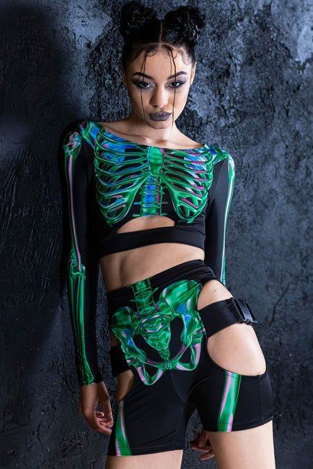Rave Outfit Emerald Skeleton Biker Shorts Set Side View