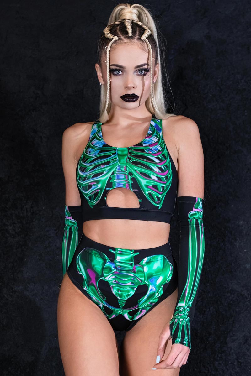 Emerald Skeleton Booty Shorts Set - Rave Halloween Outfit
