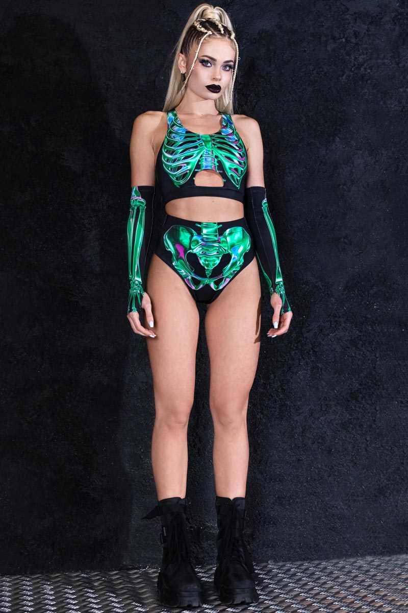 Emerald Skeleton Booty Shorts Set Front View
