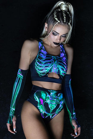 Rave Outfit Emerald Skeleton Booty Shorts Set Side View