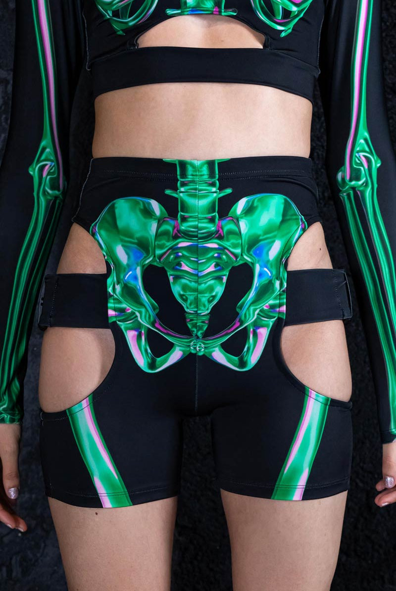 Emerald Skeleton Buckle Biker Shorts Close View
