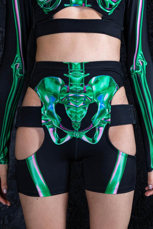 Emerald Skeleton Buckle Biker Shorts Close View
