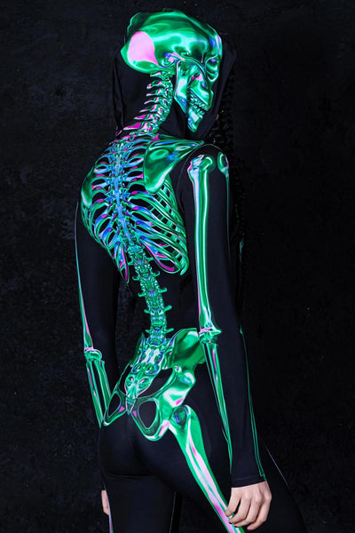 Emerald Skeleton Hoodie Costume in Green, XXL