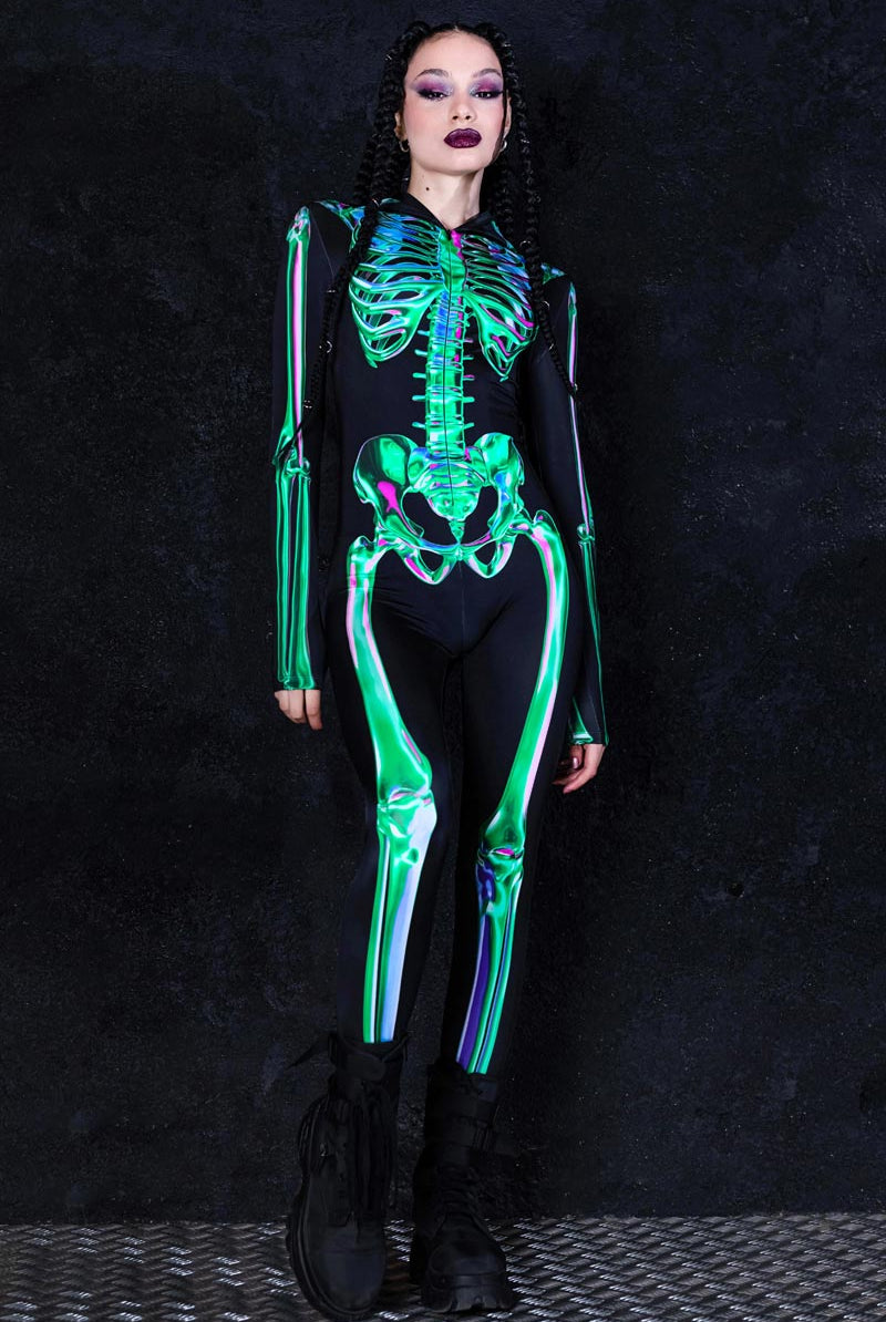 Emerald Skeleton Hooded Costume Front View