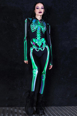 Emerald Skeleton Hooded Costume Front View