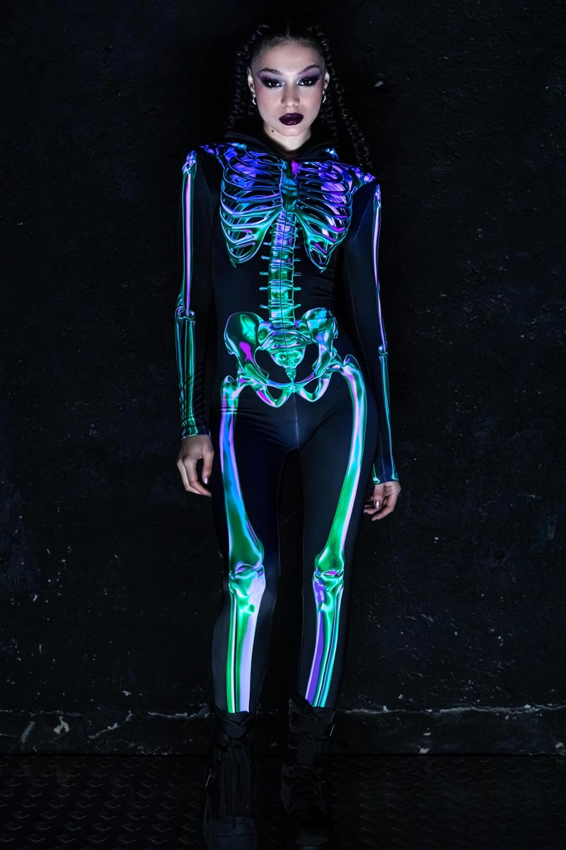 Emerald Skeleton Hooded Costume Back View