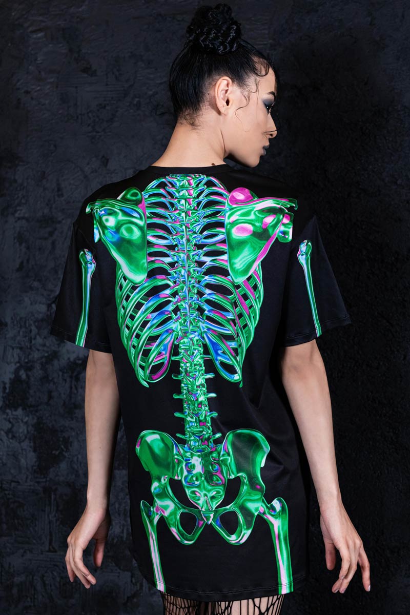 Emerald Skeleton Oversized Tee Shirt Dress, Green Skeleton T-Shirt Dress, Sexy Halloween Outfit For Women, 3D Skeleton Graphic Tee Dress, Rave T-Shirt