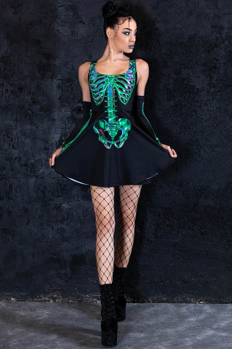 Emerald Skeleton Skater Dress Full View