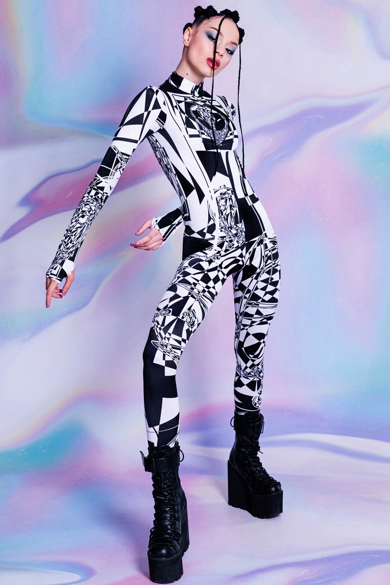 Glitch Alien Rave Costume for Women in Black and White