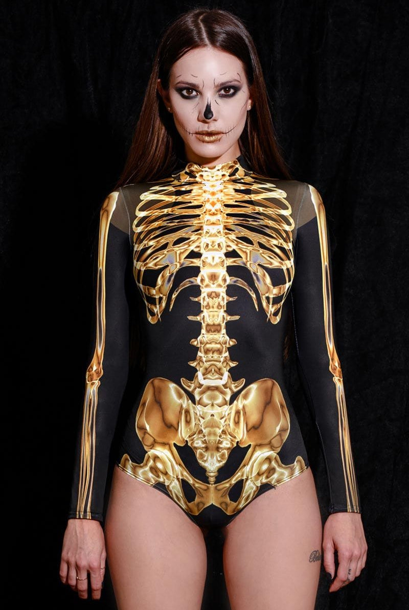 Golden Skeleton Long Sleeve Bodysuit Front View