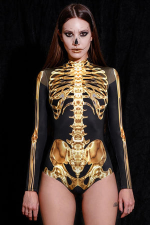 Golden Skeleton Long Sleeve Bodysuit Front View