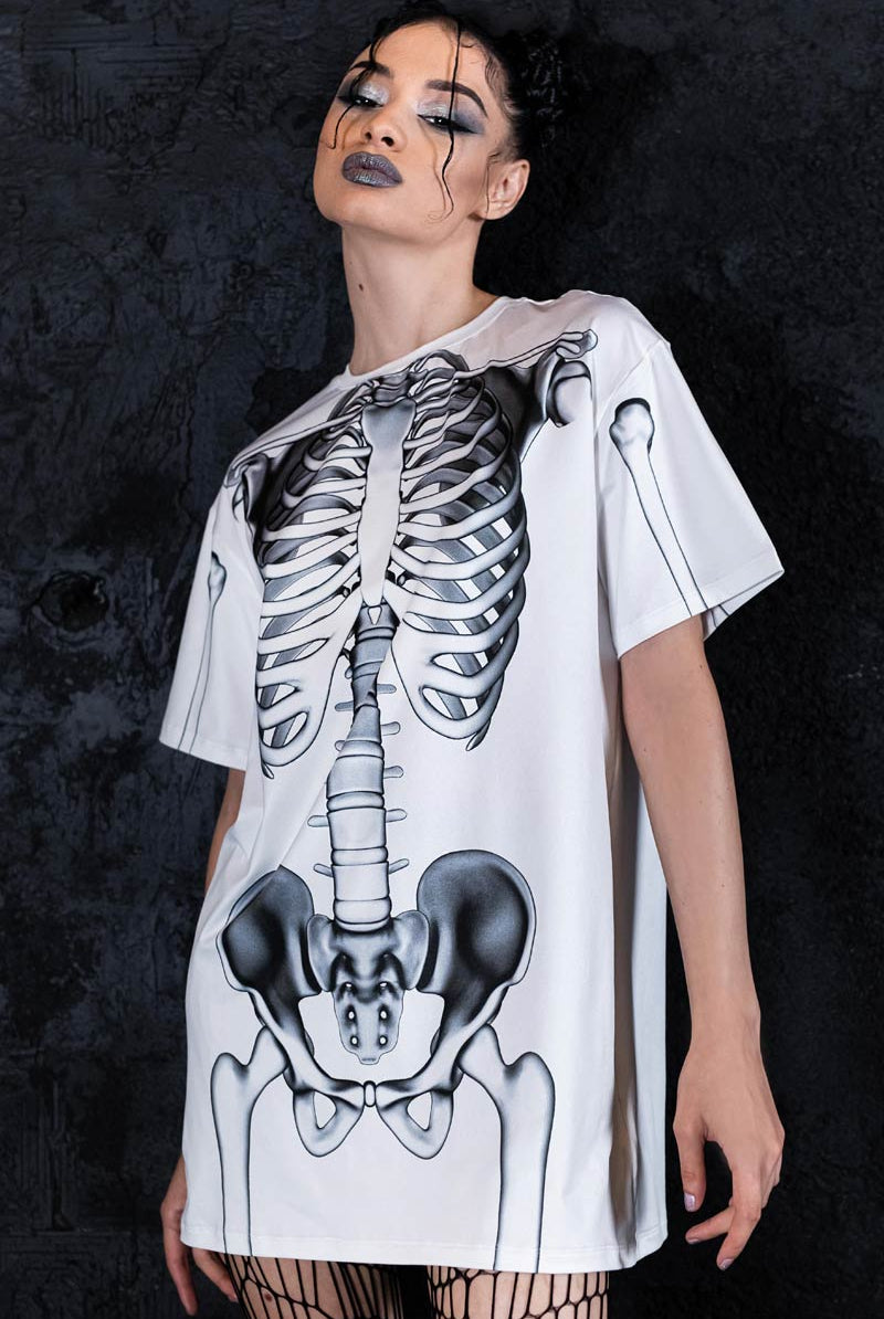 Graphic Skeleton Oversized Tee Dress, Skeleton T-Shirt For Women, White Halloween Shirt With Bones, Skeleton Graphic Tee, Oversized Long Sleeve Tee, L